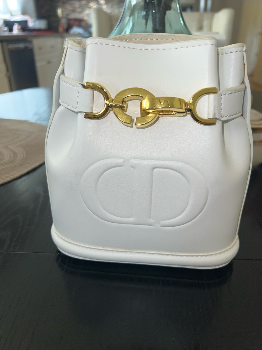 White Mini Bucket Bag with Gold Hardware -  Embossed Logo
